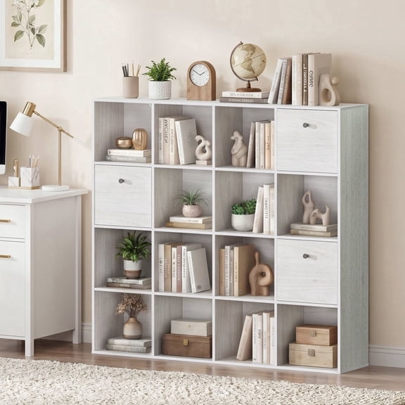 47" H Modular Storage Organizer with Fabric Drawers 16 Cube White Bookcase Room Divider Individual