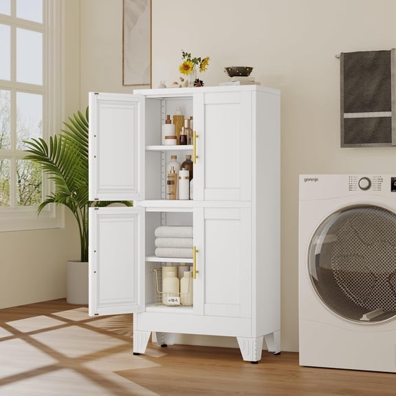 47“H White Metal Bathroom Storage Cabinet, Kitchen Pantry Cabinet with Doors and 3 Adjustable Shelves, Bathroom Cabinet Organizer, Steel File Cabinet for Home Office, Bedroom
