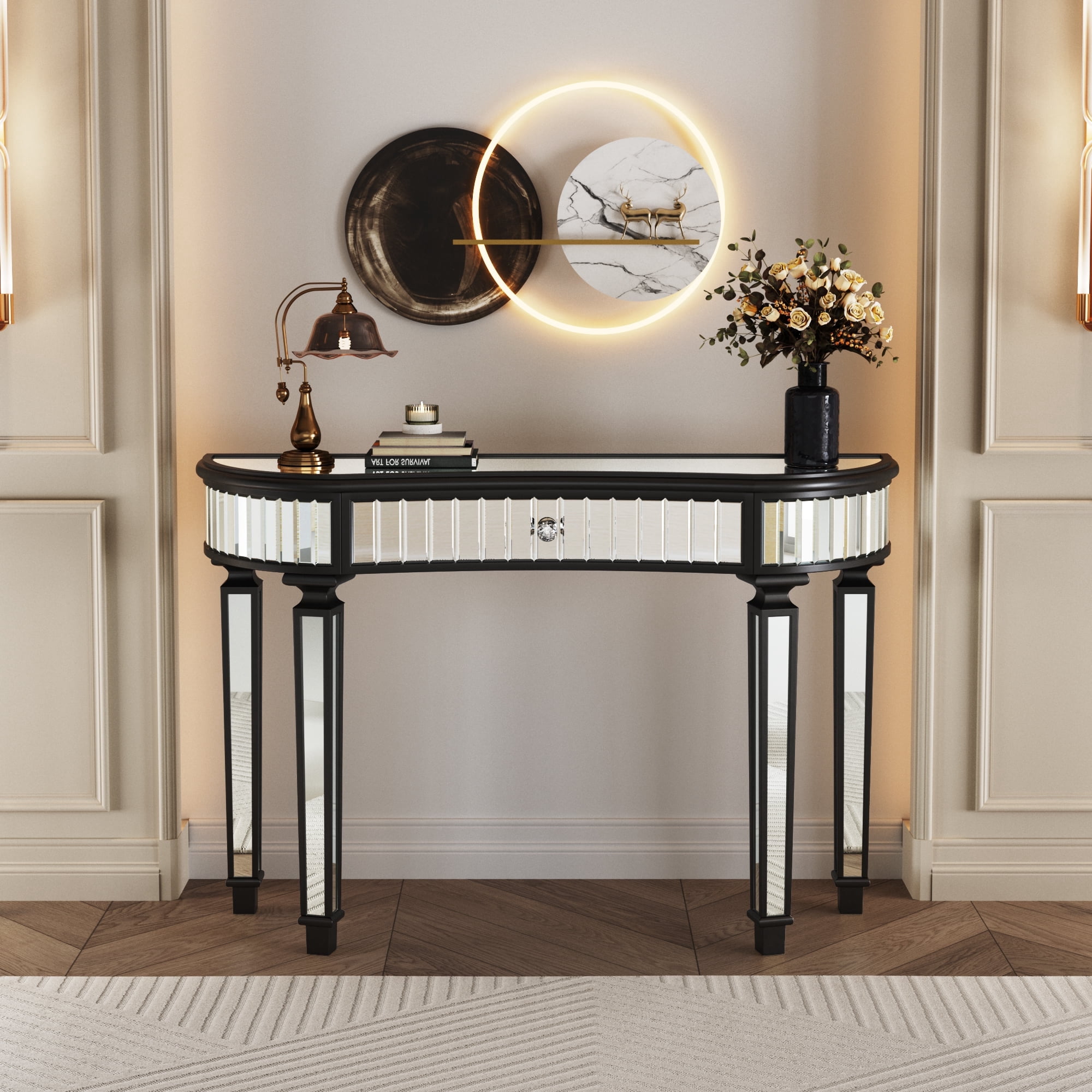 47" Half-Moon Mirrored Console Table Entryway Vanity Desk with Fluted Glass & Crystal Knob Drawer for Bedroom/Dressing Room (Black+Sliver)