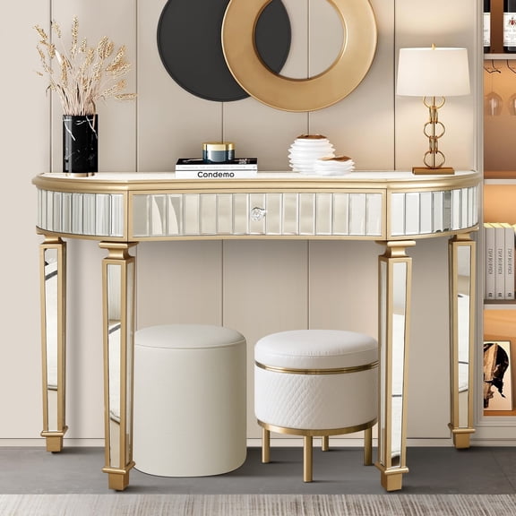 47" Half-Moon Mirrored Console Table with Fluted Glass & Crystal Knob Drawer - Silver Entryway Vanity Desk for Bedroom/Dressing Room(Gold+Sliver)