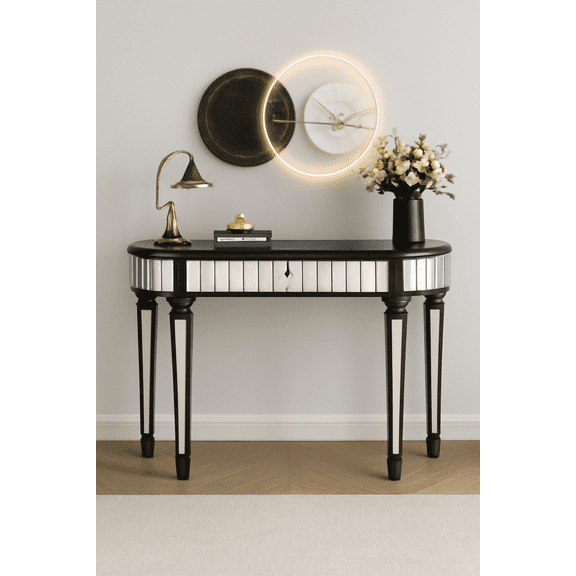 47" Half-Moon Mirrored Console Table with Fluted Glass & Crystal Knob Drawer - Silver Entryway Vanity Desk for Bedroom/Dressing Room(Black+Sliver)
