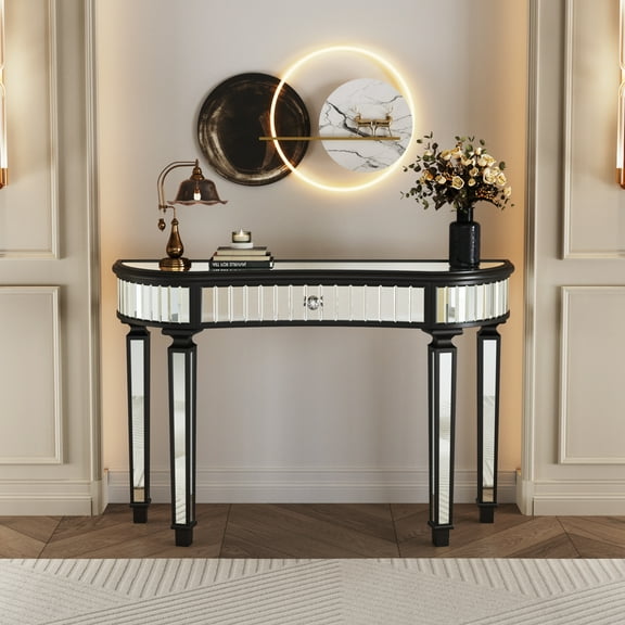 47" Half-Moon Mirrored Console Table with Fluted Glass & Crystal Knob Drawer - Silver Entryway Vanity Desk for Bedroom/Dressing Room(Black+Sliver)