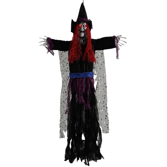 47" Halloween Animated Witch with Posable Arm,Voice Activated Hanging Ghosts Witch Props,Scary Old Witchs with Creepy Sounds & Glowing Eyes for Haunted House,Porch Lawn,Animatronics Hanging Decor