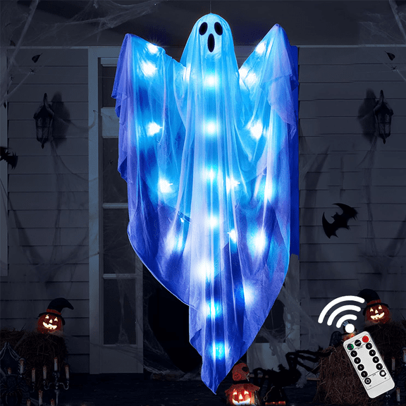 47 in Halloween Hanging Ghost Decoration with Blue LED Lights, Light Up White Ghost with Remote Control, Timer & 8 Lighting Modes for Indoor Outdoor Yard, Patio, Lawn & Party Decor