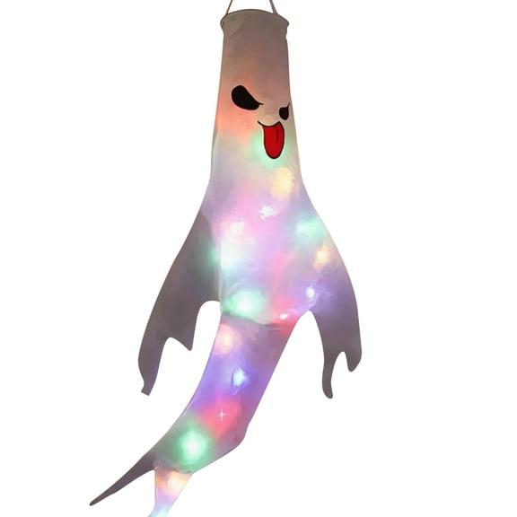47" Halloween Lighted Hanging Ghost Windsock, Ghost-Shaped Wind Sock with Colorful Lights for Outdoor Front Door Porch Garden Yard Party Decor