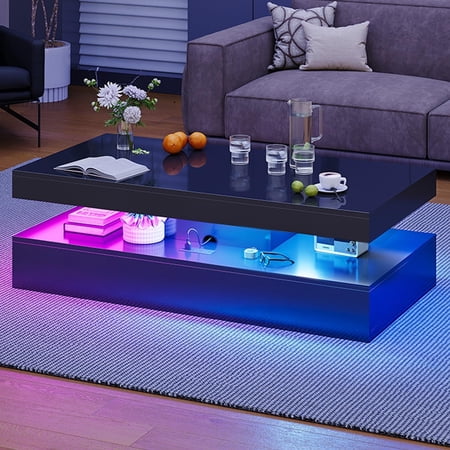 47” High-Glossy LED Coffee Table with 2 Sliding Drawers, Living Room Storage Coffee Tables, Modern Stylish Double-Layer Center Tables with LED Lights, Black