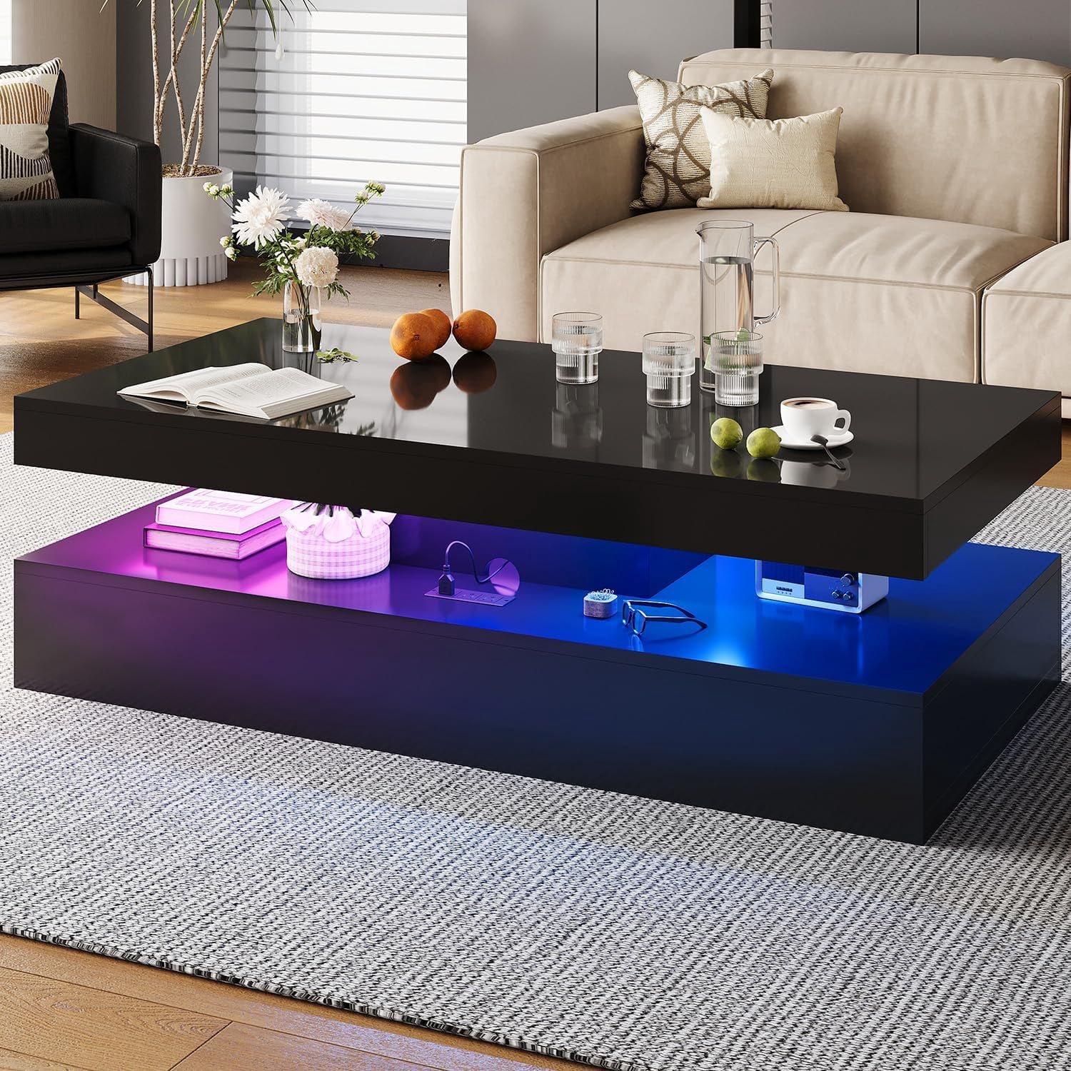 Table With Led 47” High-Glossy LED Coffee Table with 2 Sliding Drawers, Living Room ...