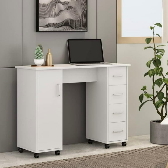 47" Home Office Computer Desk with Wheels, Rolling Study Desk with 4 Drawers and Storage Cabinet, Executive Desk Office Table Writing Desk Home Desk Laptop PC Table Workstation, White