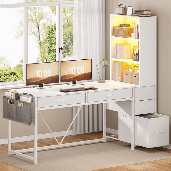 47" Home Office Desk with Bookcase & Storage Bag, Reversible Computer Desk with 5 Drawers and 3-Tier Bookshelves, Gaming Desk with Storage and Led Lights for Small Space, White