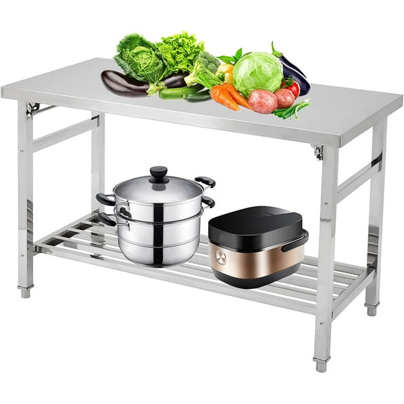 47 In x24 In Foldable Stainless Steel Work Table 2-Tier Heavy Duty Commercial Prep Table with Storage for Kitchen Restaurant Garage and Catering
