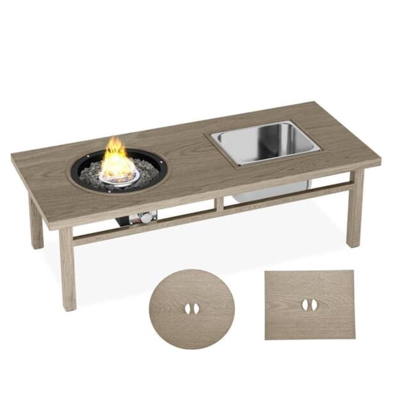 47-Inch 3-in-1 Outdoor Aluminum Propane Fire Pit Table with Ice Bucket, Beige
