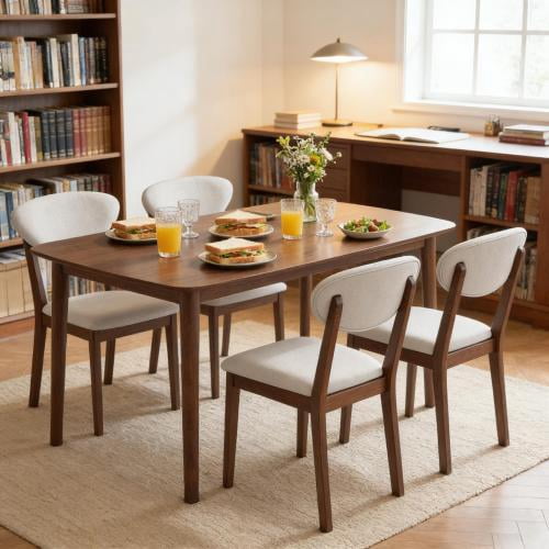 47-Inch 5-Piece Dining Table Set, Walnut Finish Table with 4 Cream White Upholstered Chairs, Space-Saving Compact Kitchen Dinette