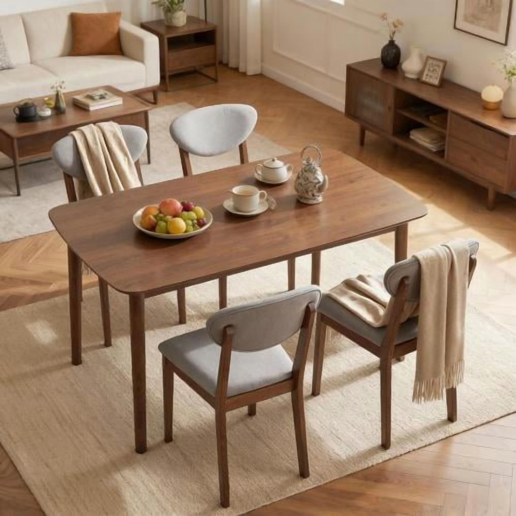 47-Inch 5-Piece Dining Table Set, Walnut Finish Table with 4 Light Gray Upholstered Chairs, Space-Saving Compact Kitchen Dinette