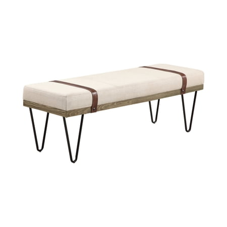 47 Inch Accent Bench Faux Leather Straps Black Hairpin Legs Beige Fabric