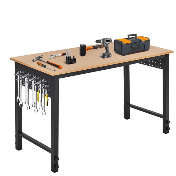47 Inch Adjustable Workbench - 2000 Lb Load Capacity Workbench with 20 Hooks & Outlets | Work Table with Locking Casters | 28.5''-39'' Height Adjustment Range | for Garage, Workshop, Home Office