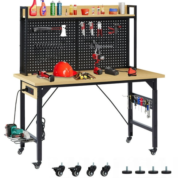 47-Inch Adjustable Workbench with Pegboard, Heavy Duty Rolling Workbench with Wooden Desktop, AC/USB Outlet, Hooks and Shelf, for Garage Workshop Woodworking Home Office (Natural+Black)