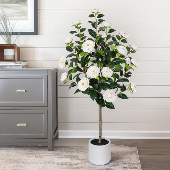 47 Inch Artificial Camellia Tree with White Flower Pots White 3 Ft 11 In Faux Plant for Indoor and Outdoor Decor