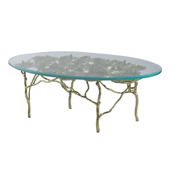 47 Inch Artisanal Coffee Table with Metal Frame, Oval Clear Glass Top, Gold- Saltoro Sherpi