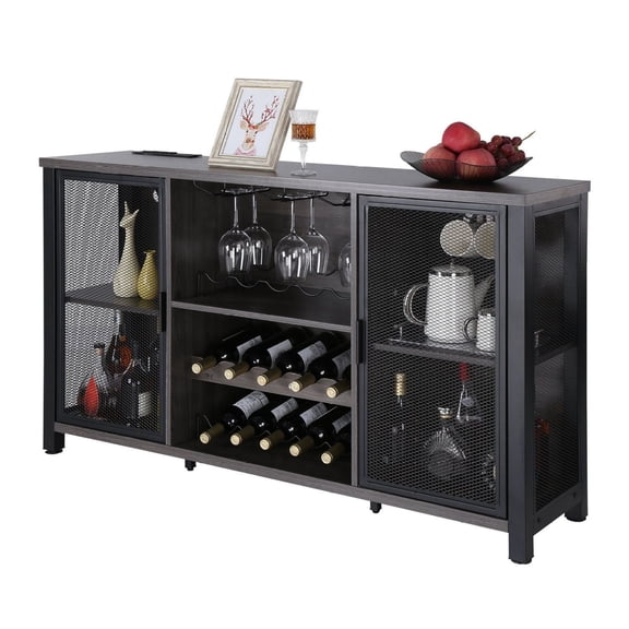 47 Inch Bar Cabinet, Industrial Wine Rack for Liquor & Glasses, White Farmhouse Buffet Sideboard, Freestanding Coffee Bar for Living Room & Kitchen