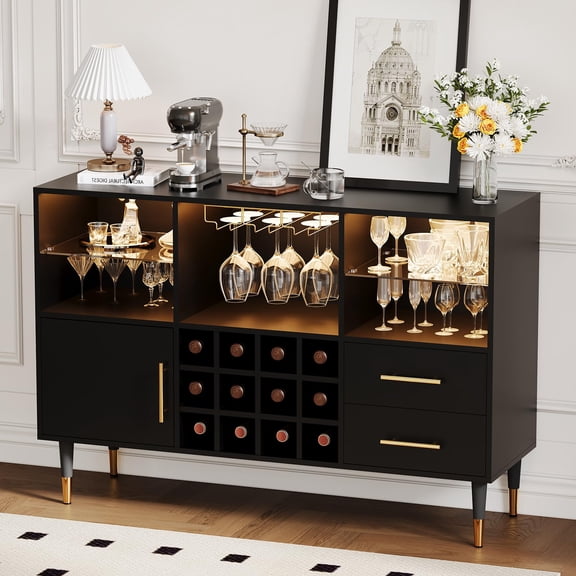 47 Inch Bar Cabinet with LED Lights & Charging Station, Modern Sideboard Buffet Cabinet with Storage Drawers, Wine Rack & Doors, Coffee Bar Table for Living Room, Dining Room, Home