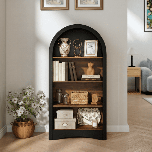47-Inch Black Arched Accent Bookcase, Freestanding 4-Tier Open Display Rack with Woodgrain Shelves, Multifunctional Storage Cabinet for Small Spaces, Living Room, Bedroom, Entryway