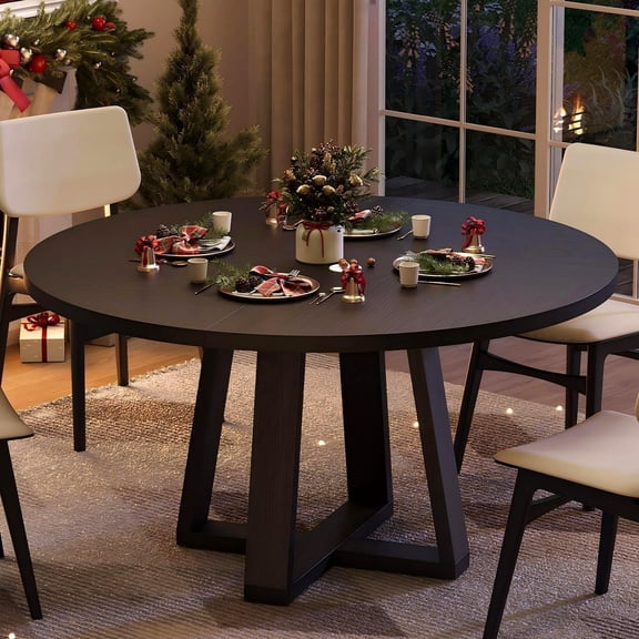 47 Inch Black Farmhouse Round Dining Table with Wooden Cross Base, Household Dinner Desk for 4-6 Persons Dining Room Kitchen