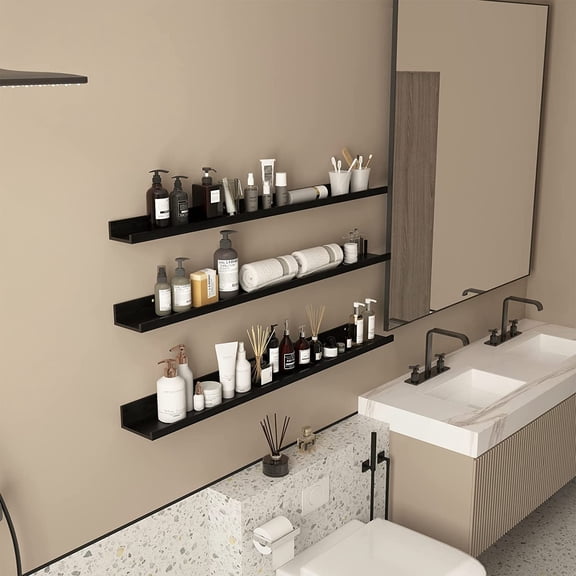 47 Inch Black Floating Shelves Ledge, Wall Mount Long Picture Rail Large Woodgrain Photo Shelving for Living Room Bedroom Office, Set of 3 Different Sizes