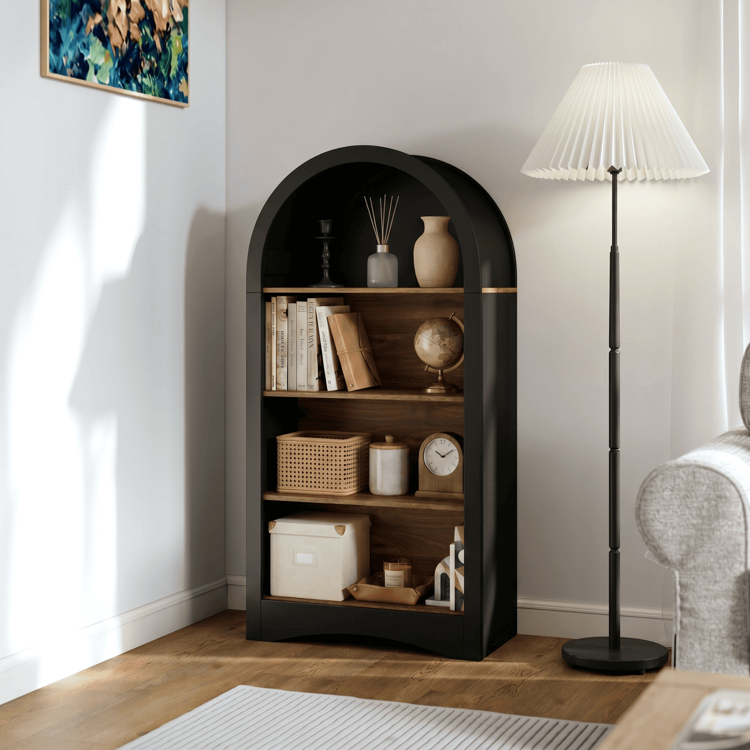47 Inch Black Framed Arched 4-Tier Open Display Shelf, Woodgrain Freestanding Storage Bookcase, Small Space Accent Rack for Living Room Bedroom Entryway Home Office