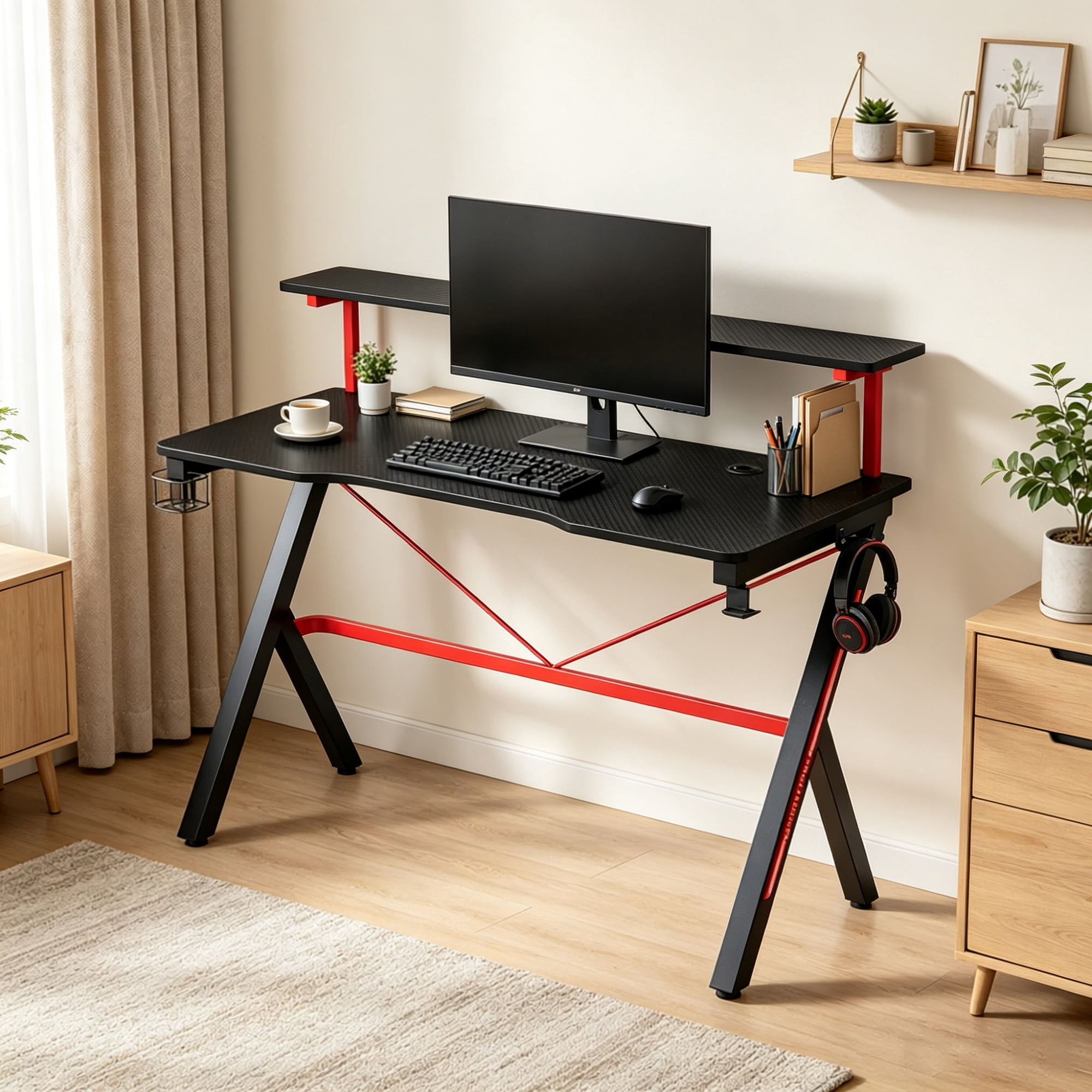 47 Inch Black Gaming Desk with Elevated Monitor Shelf Rotatable Cup Holder And Headphone Hook Racing Computer Workstation for Home Office