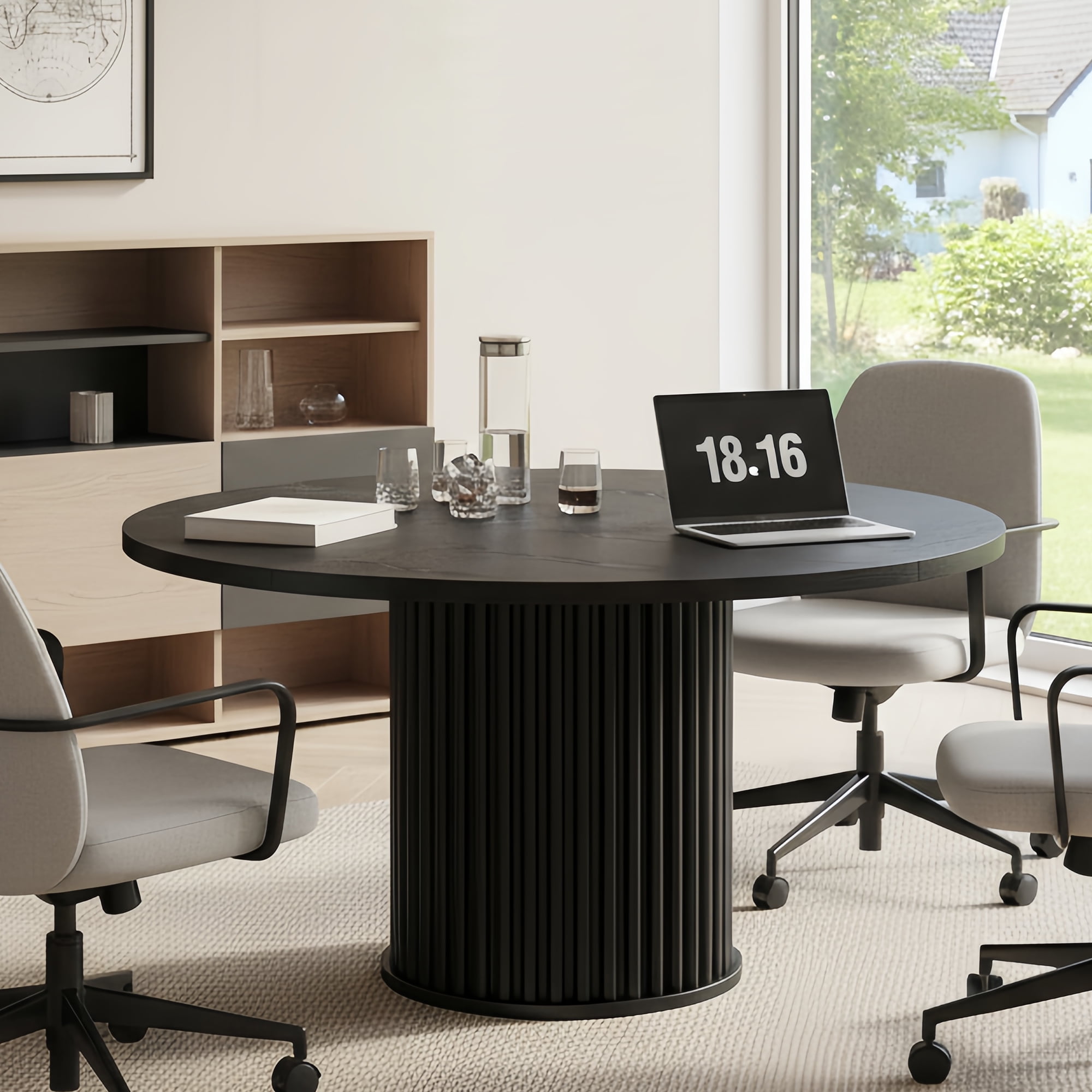 47-Inch Black Round Conference Table, Space-Saving Meeting Desk for 4-6 People, Sturdy E1-Grade MDF Top with Metal Base, Perfect for Small Office, Conference Room & Home Workspace