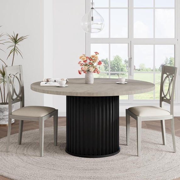 47-Inch Black Round Dining Table for 4-6 People, Modern Fluted MDF + Metal Base Kitchen Table, Sturdy Circle Dining Room Furniture