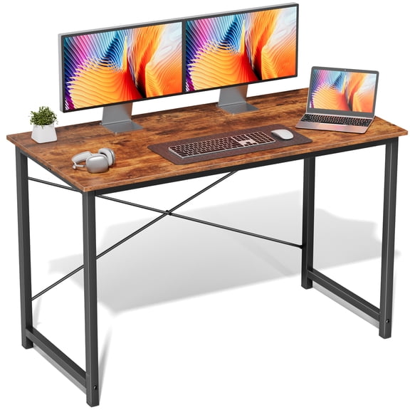 47 Inch Brown Computer Desk for Home Office, Modern Simple Study Table with X-Shaped Reinforcement, Sturdy Writing Workstation for Bedroom