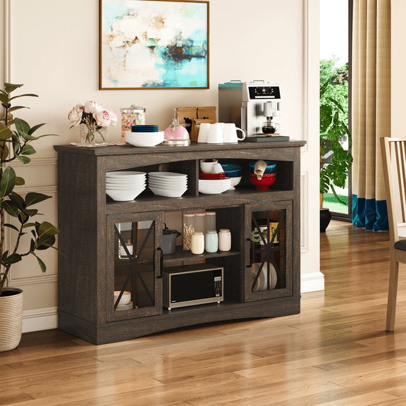47 Inch Brown Farmhouse TV Stand with LED Lights & Glass Doors, Retro Media Console with Adjustable Shelves, Anti-Tip Entertainment Cabinet Fits Fireplace Insert for Living Room Bedroom