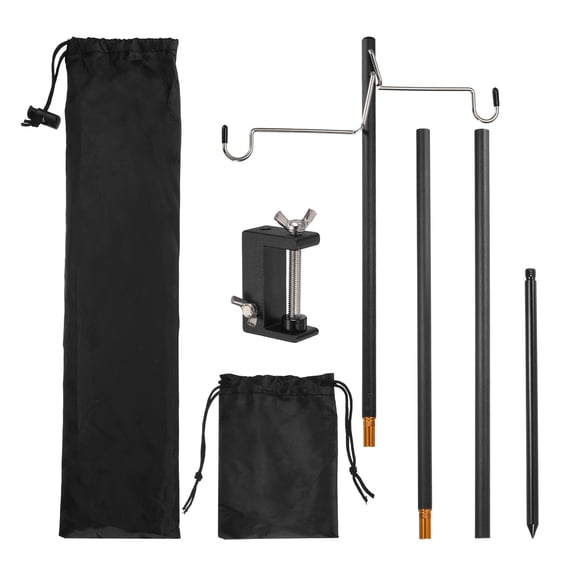 47 Inch Camping Lantern Stand Pole with Stake and 2 Hooks- Black 1 Set Portable Aluminum Outdoor Camping Lamp Stand Pole, Adjustable Hanging Light Holder for Hiking Fishing Picnic