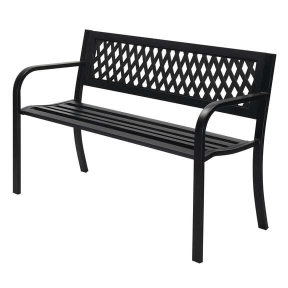 47 Inch Cast Iron Bench  PVC Mesh Backrest, Comfortable Curved Slats, Durable Powder-Coated Frame, Easy to Assemble