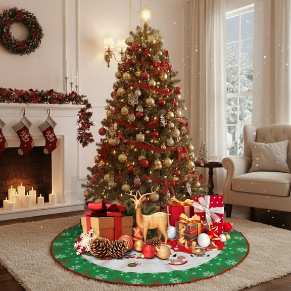 47 Inch Christmas Tree Skirt With Santa Claus & Snowmen - Large Polyester Mat Ornament for New Year Indoor Outdoor Party Decoration