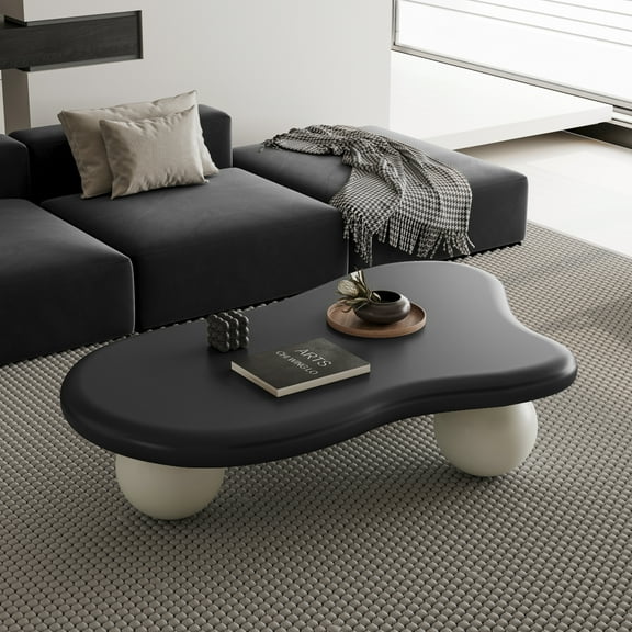 47 Inch Cloud Shaped Coffee Table with 3 Ball Legs for Living Room, Black Top White Legs