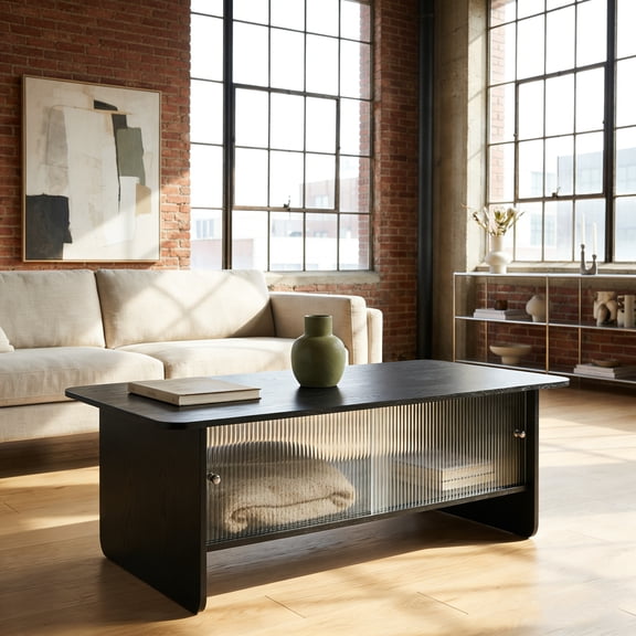 47 Inch Coffee Table with Storage, Rectangular Modern Minimalist Center Table, Fluted Glass Sliding Doors for Living Room Bedroom Guest Room, Black
