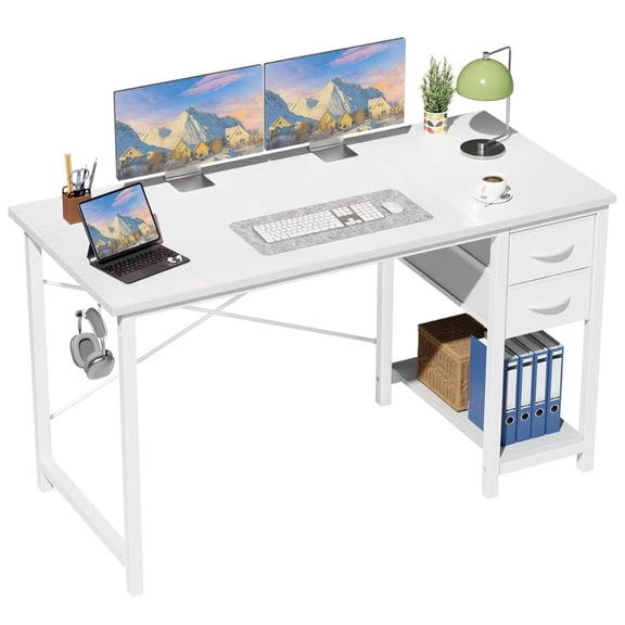 47 Inch Computer Desk with Drawers, Home Office Gaming Desk with X-Shaped Reinforcement, Sturdy Steel Frame Study Table with Side Hook, 200 lbs Capacity
