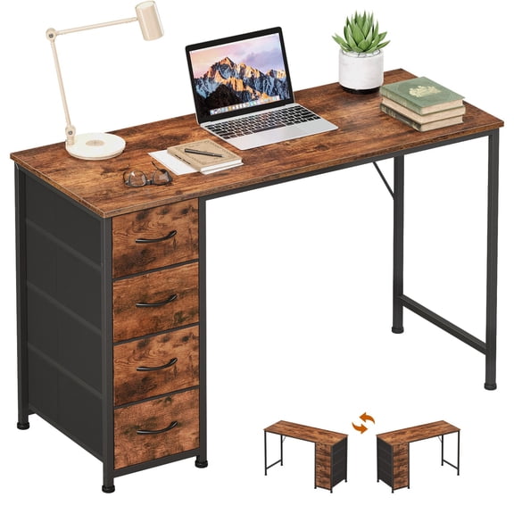 47 Inch Computer Desk With 4 Drawers, Wood Grain Print Top, Modern Home Office Writing Desk For Study Living Room