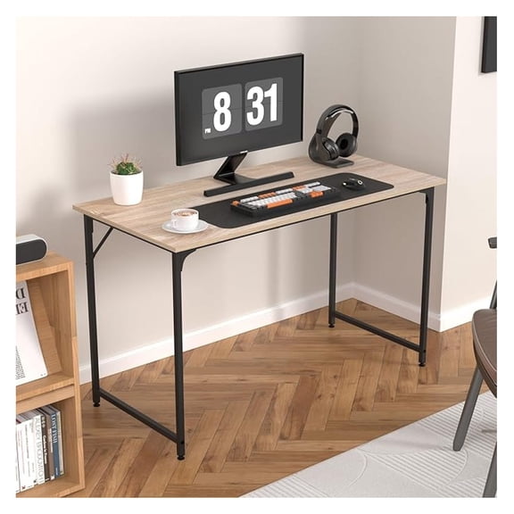 47 Inch Computer Desk with Wood Board and Metal Frame, Modern Simple Style Work Desk with Adjustable Feet, Study Gaming Desk Table for Home Office, Bedroom, Small Spaces