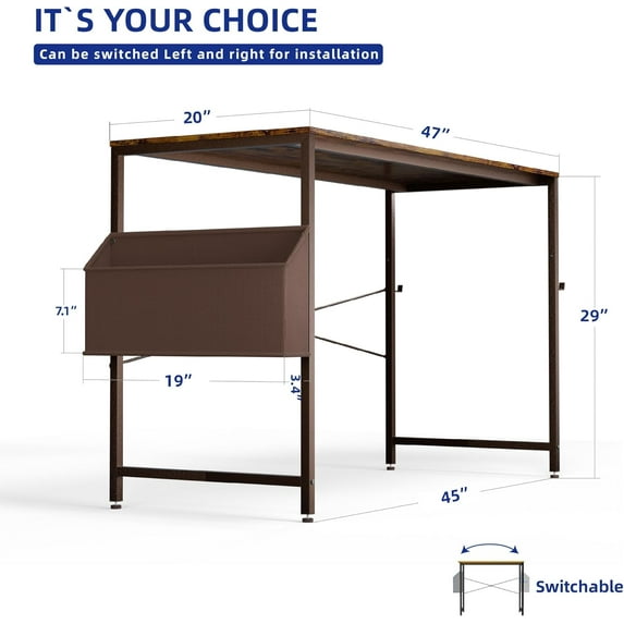 47 Inch Computer Desk for Small Spaces with Storage Bag, Home Office Work Desk with Headphone Hook, Small Office Desk Study Writing Table Brown