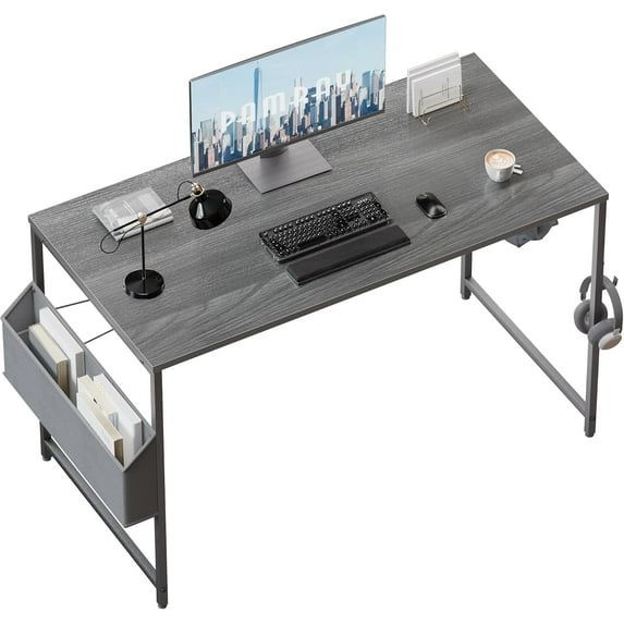 47 Inch Computer Desk for Small Spaces with Storage Bag, Home Office Work Desk with Headphone Hook, Small Office Desk Study Writing Table,Grey
