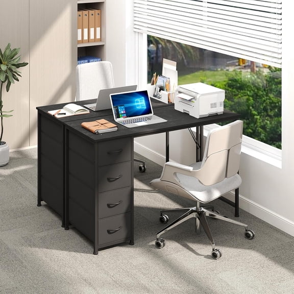 47 Inch Computer Desk with 4 Drawers, Reversible Home Office Writing Desk with Storage, Modern Black Gaming Table for Bedroom Study Living Room
