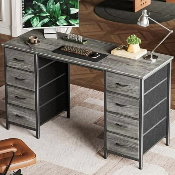 47 Inch Computer Desk with 8 Fabric Drawers, Office Desk Work Desk for Home Office, Study, Gaming Desk with Drawers, Large Storage, Grey