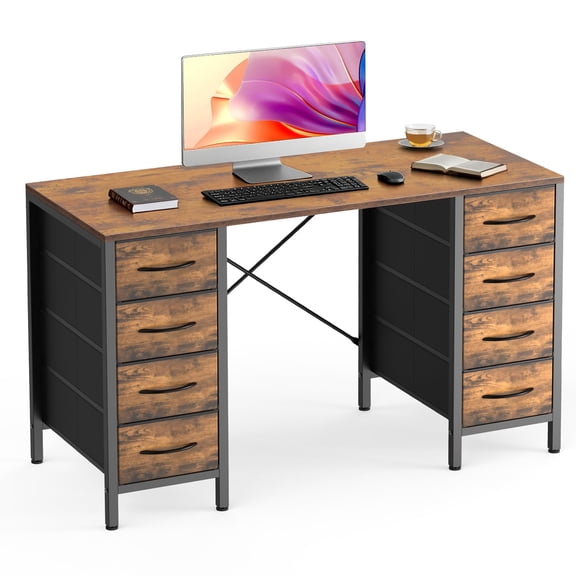 47 Inch Computer Desk with 8 Fabric Drawers Office Gaming Desk Writing Study Table with X-Shaped Reinforced Structure,Brown