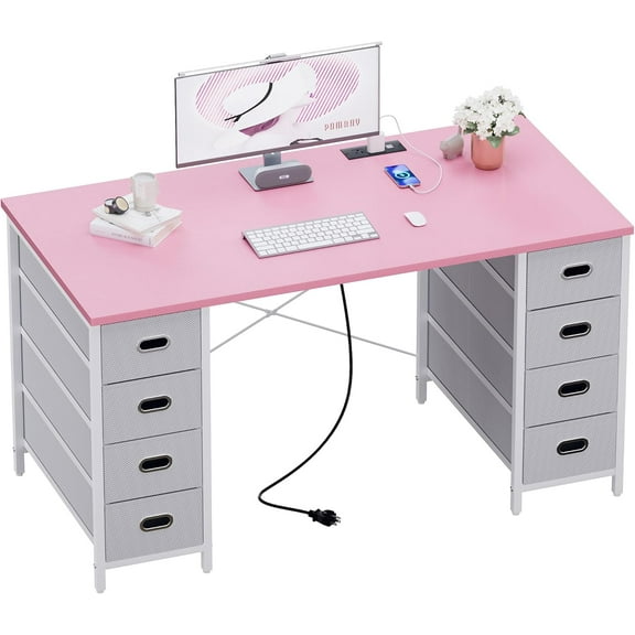 47 Inch Computer Desk with 8 Fabric Drawers PC Gaming Desk Home Office Study Work Writing Table for Bedroom Pink