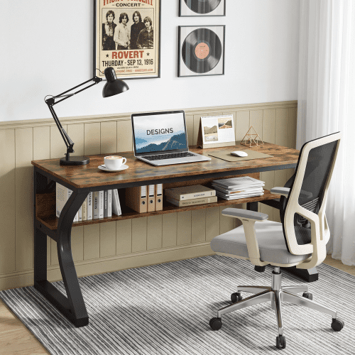47-Inch Computer Desk with Storage, Sturdy U-Shaped Metal Frame Home Office Study Table, Rustic Brown