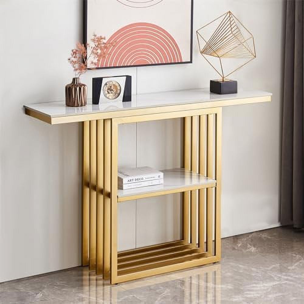 47 Inch Console Table Sintered Stone Entryway Table with X-Shape Gold ...