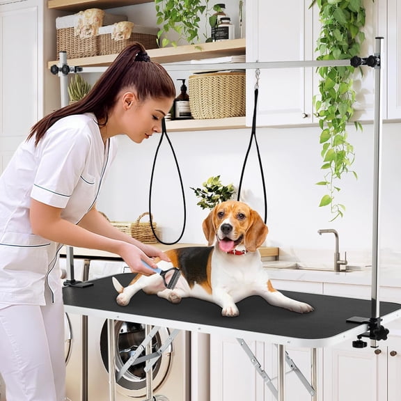 47 Inch Dog Grooming Table with Adjustable Arm and 2 Nooses, Foldable Pet Station with Non-Slip Waterproof Surface and Mesh Tray for Small to Large Dogs